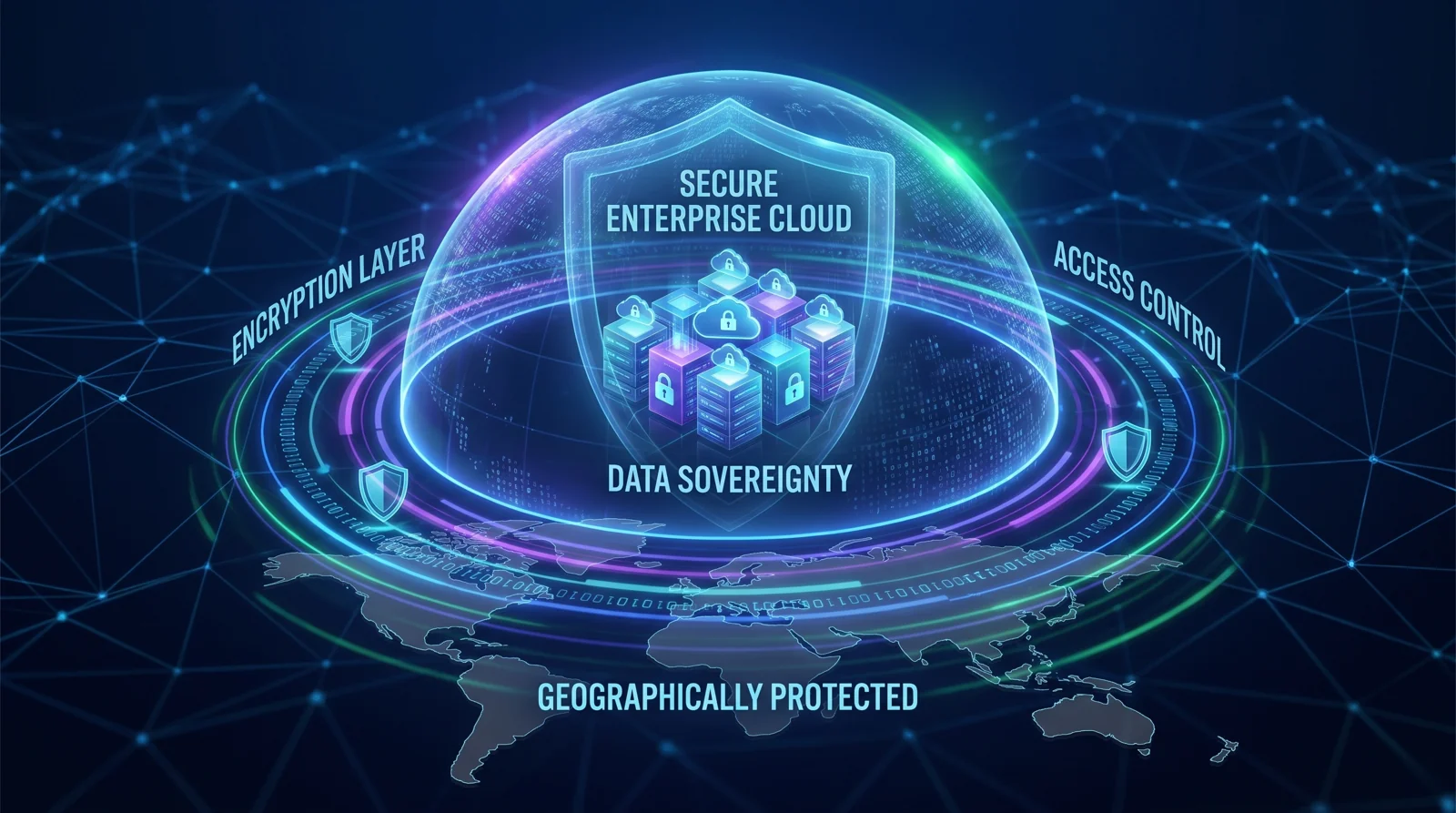 Digital lock and network nodes illustrating secure software licensing and data governance